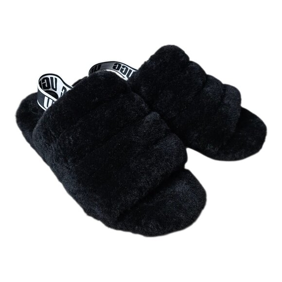 UGG Fluff Yeah Slide Black Slippers Shearling Slingback Slip On Shoe Sandals - Picture 3 of 14